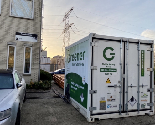 Onze Greener battery Finn op locatie op de bouwplaats van Kafra Housing in Almere