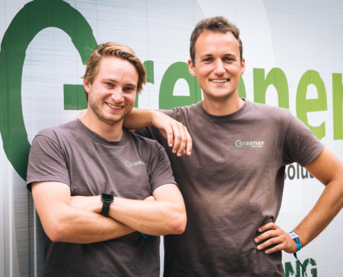 Our founders CEO Dieter Castelein and COO Klaas Akkerman standing in front of one of our batteries.
