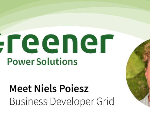 An image with our Greener Power Solutions logo, a photo of Niels Poiesz and the text "Meet Niels Poiesz Sales Manager Grid".